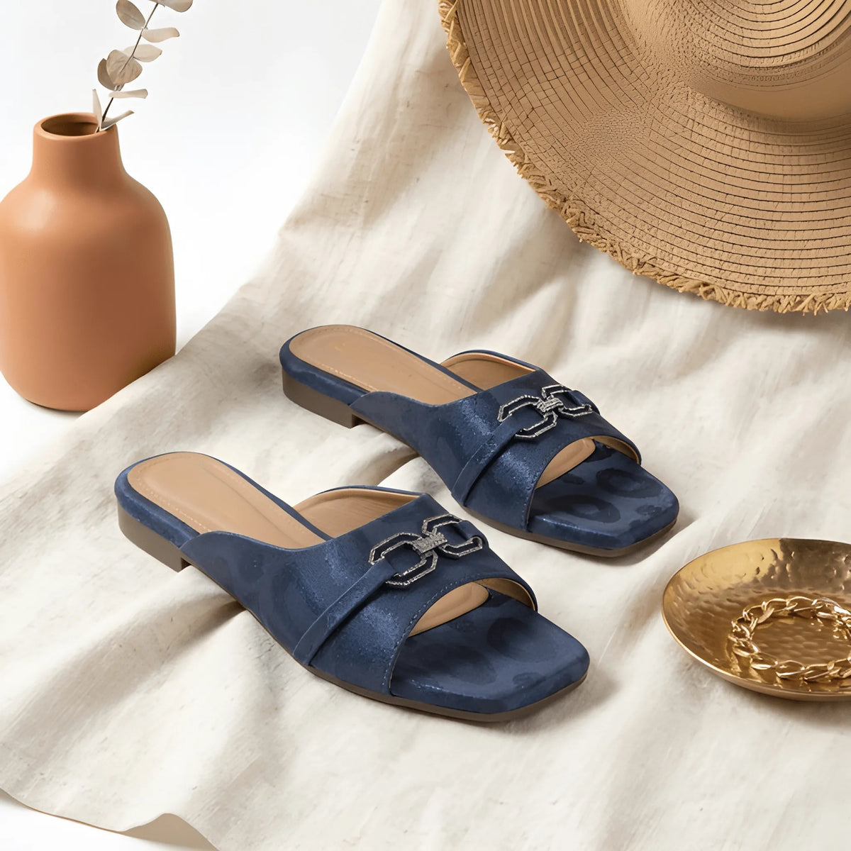 Blue Decorative Buckle Slipper