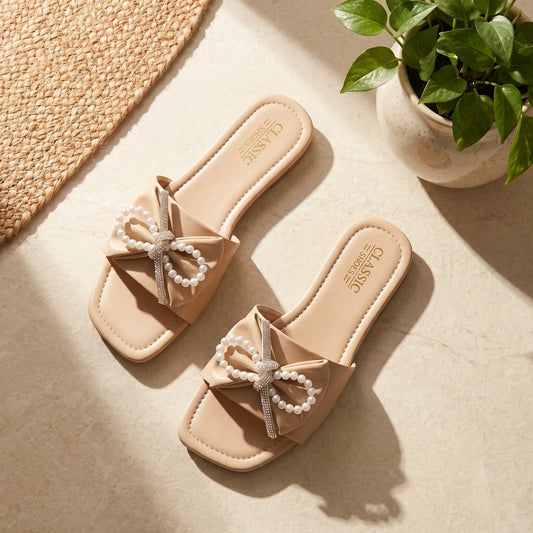 Pearl Accent Bow Slipper – Beige