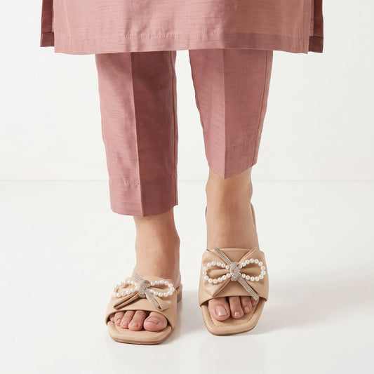 Pearl Accent Bow Slipper – Beige