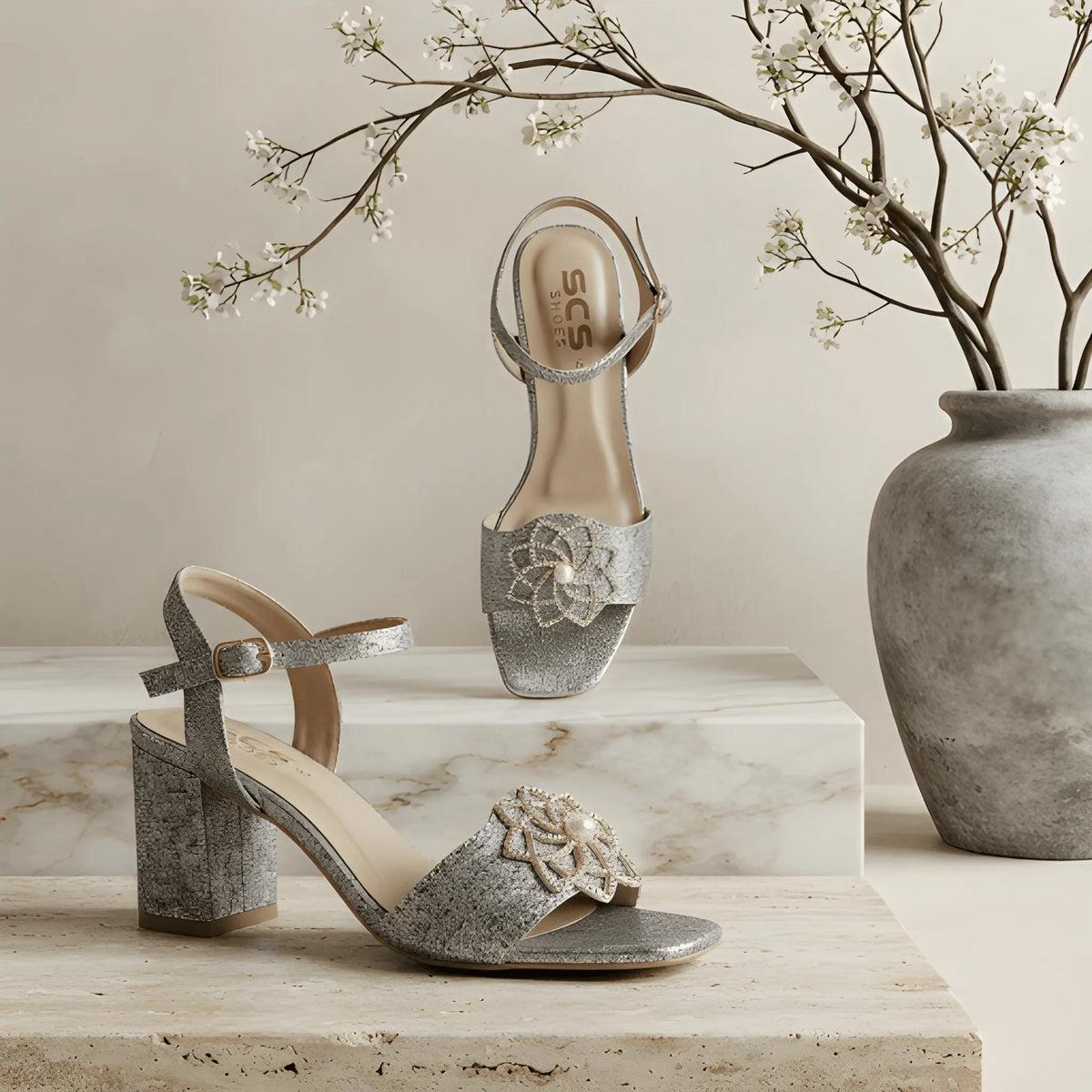 Silver Glitter Block Heel