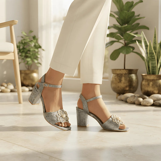 Silver Glitter Block Heel