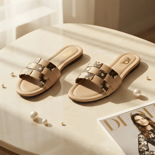 Woven Floral Strap Slipper - Fawn