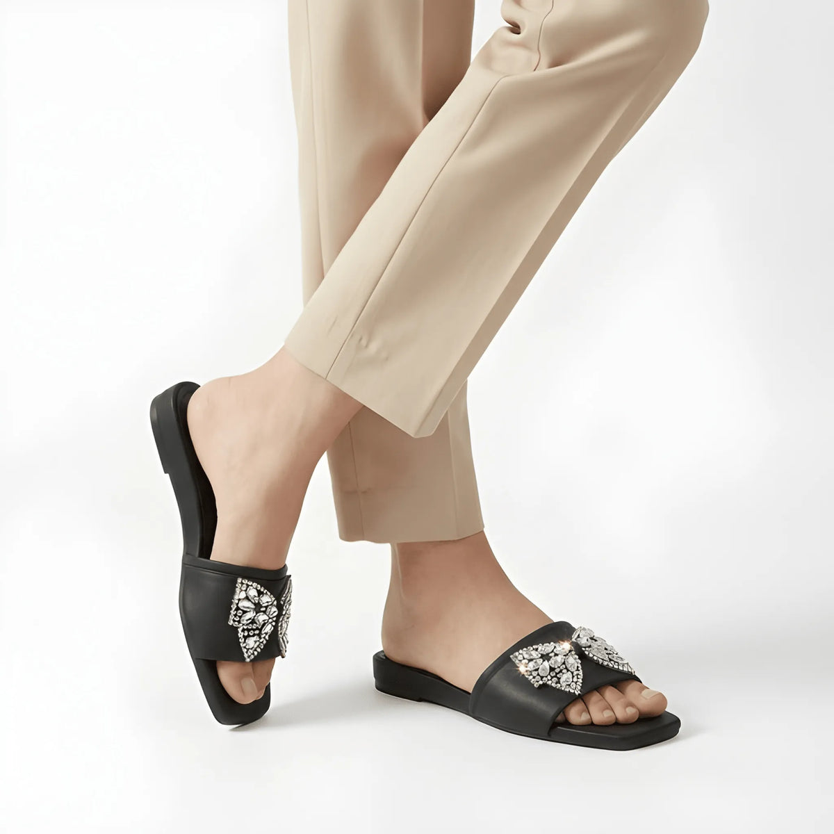 Black Butterfly Rhinestone Bow Slipper