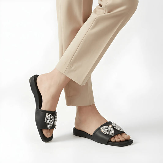 Black Butterfly Rhinestone Bow Slipper