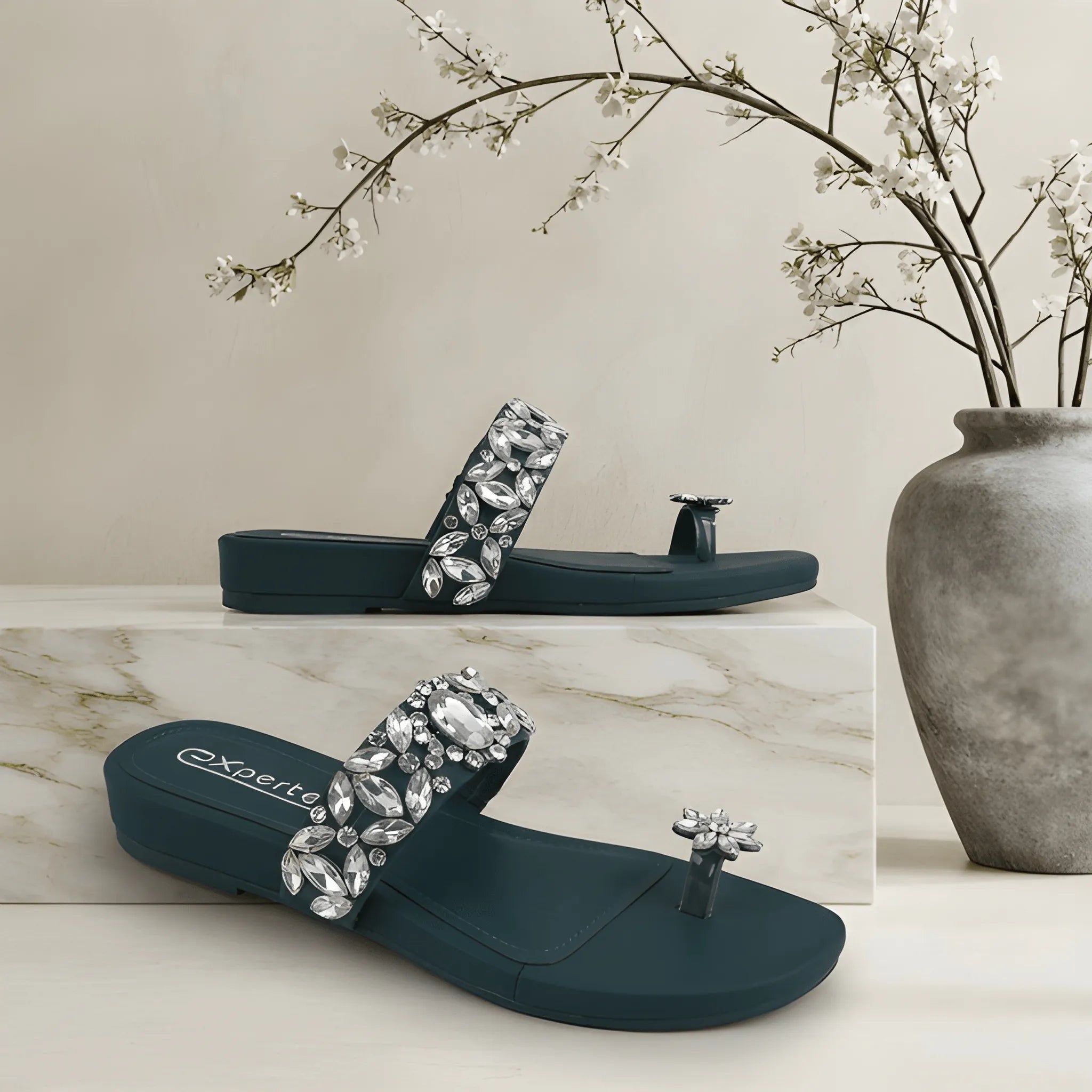 Black Crystal Blossom Slipper