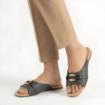 Black Decorative Buckle Slipper