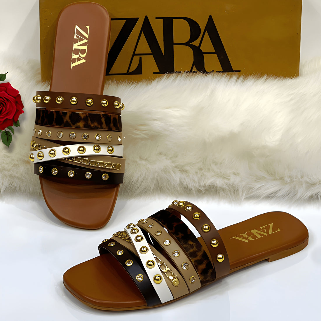 Chic Studded Flat Slipper - Brown