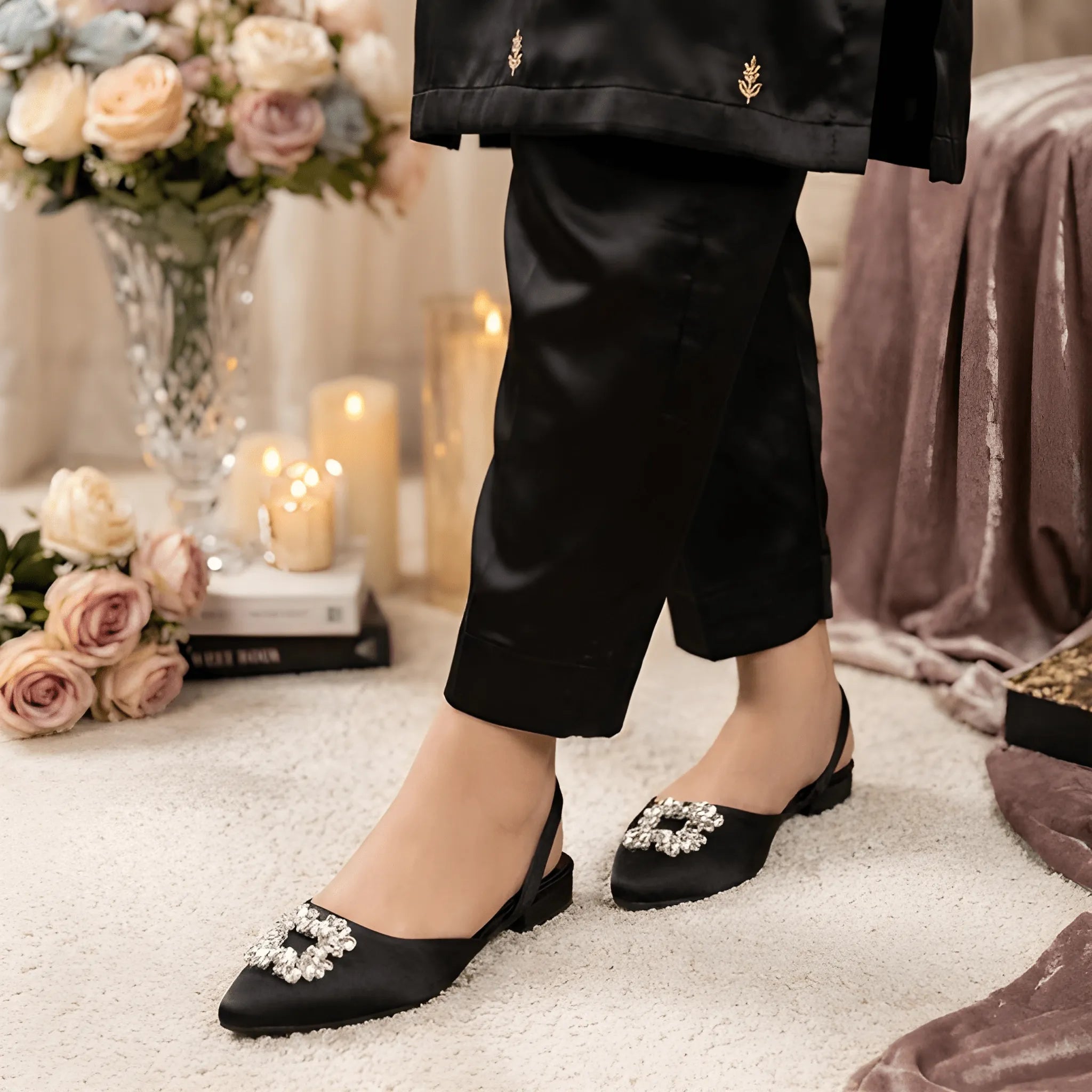 Crystal Broach Mules - Black