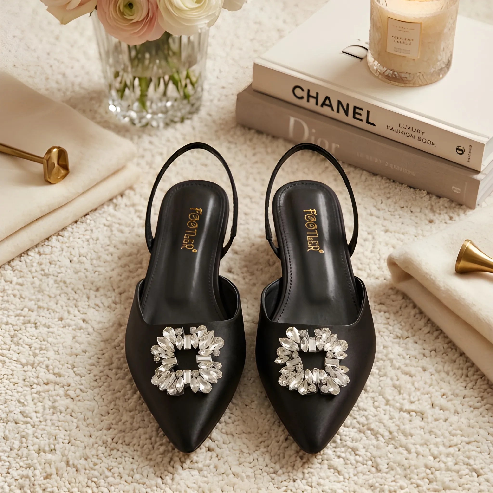 Crystal Broach Mules - Black
