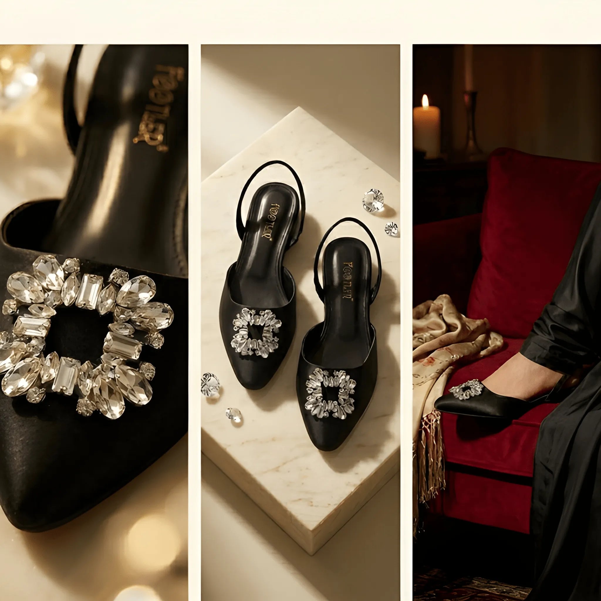 Crystal Broach Mules - Black