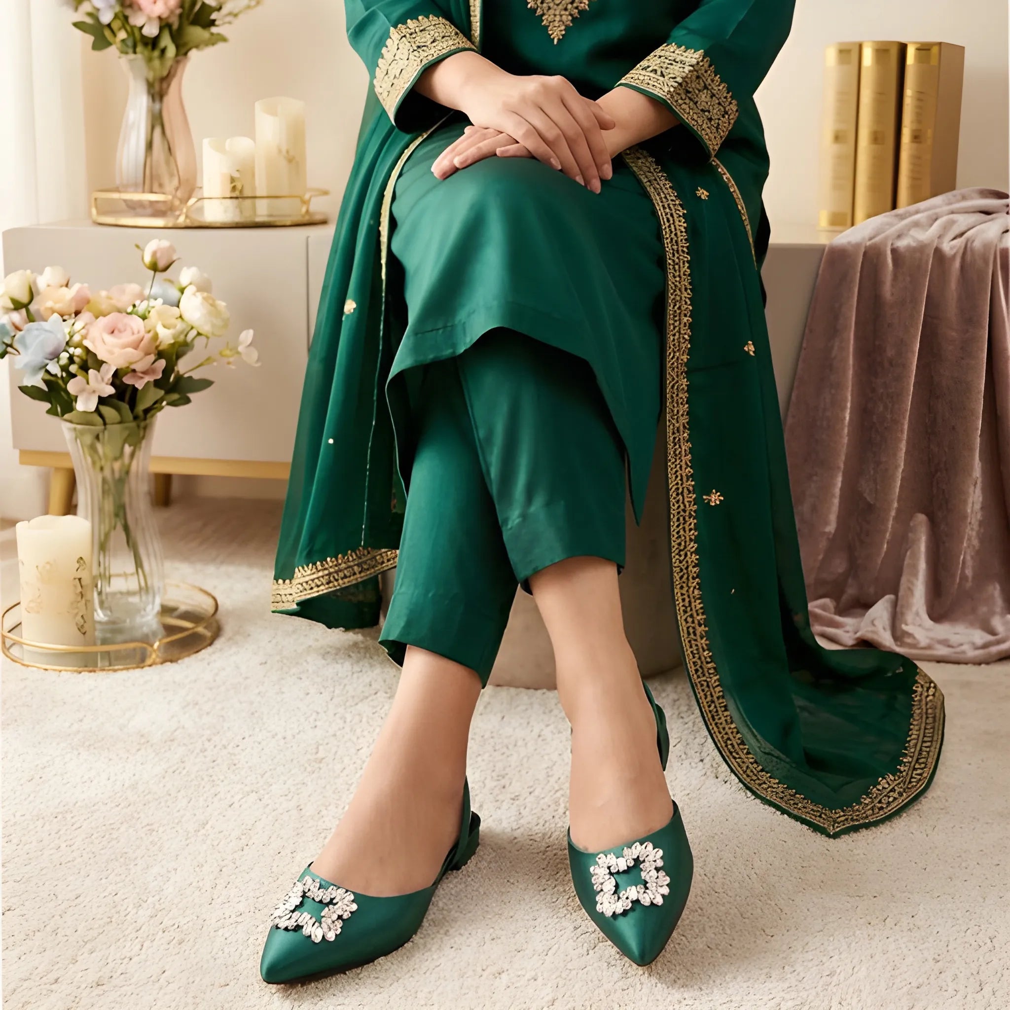 Crystal Broach Mules - Green