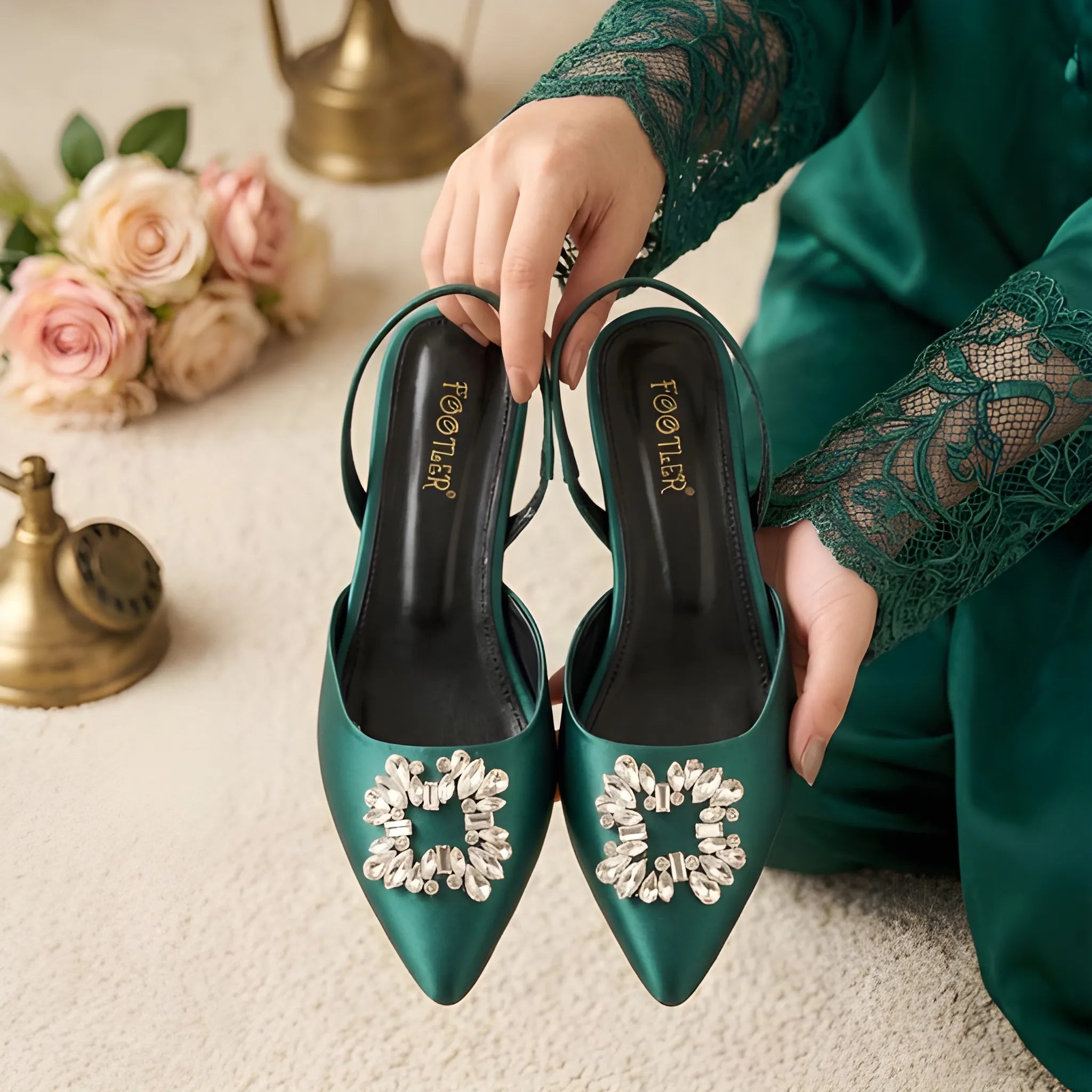 Crystal Broach Mules - Green