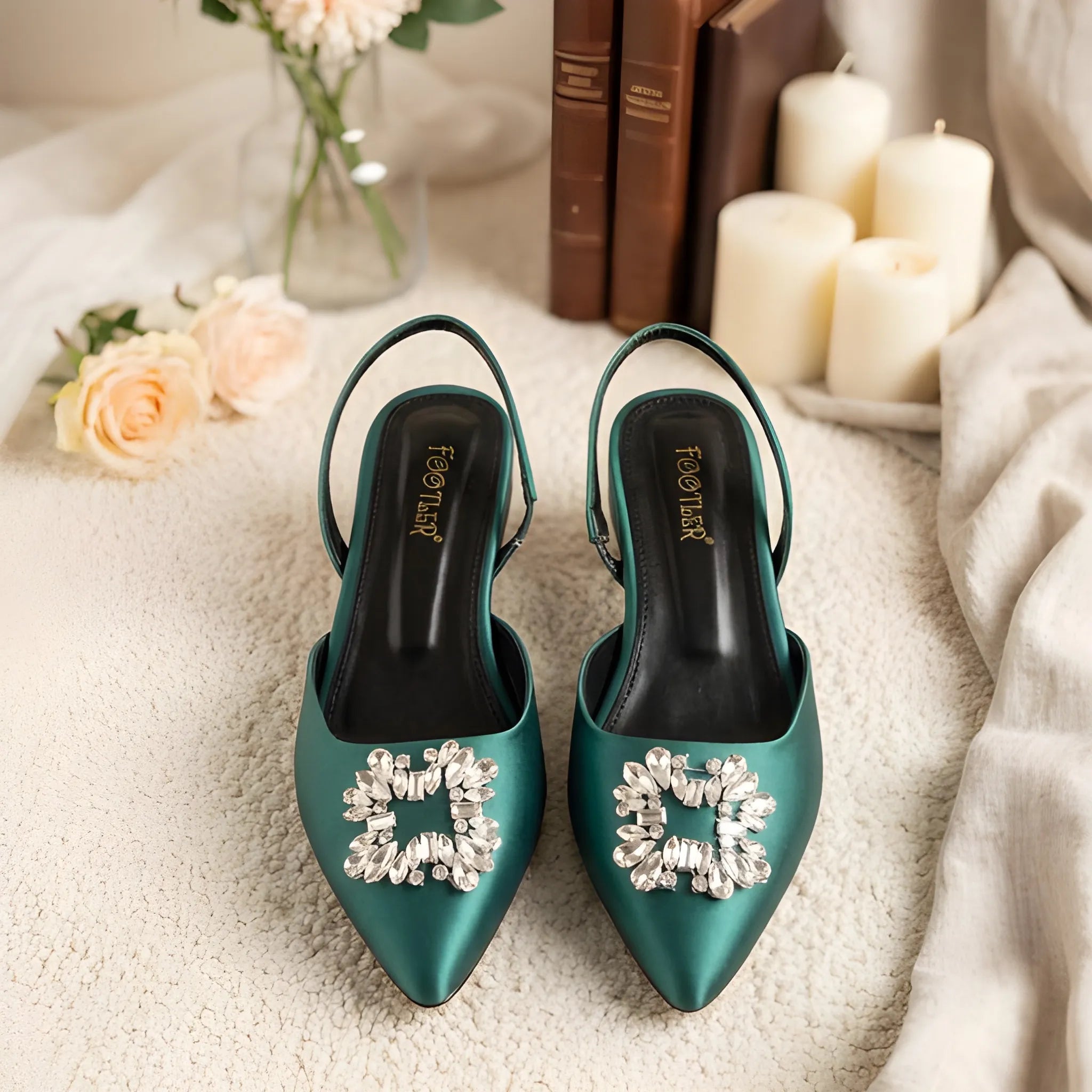 Crystal Broach Mules - Green