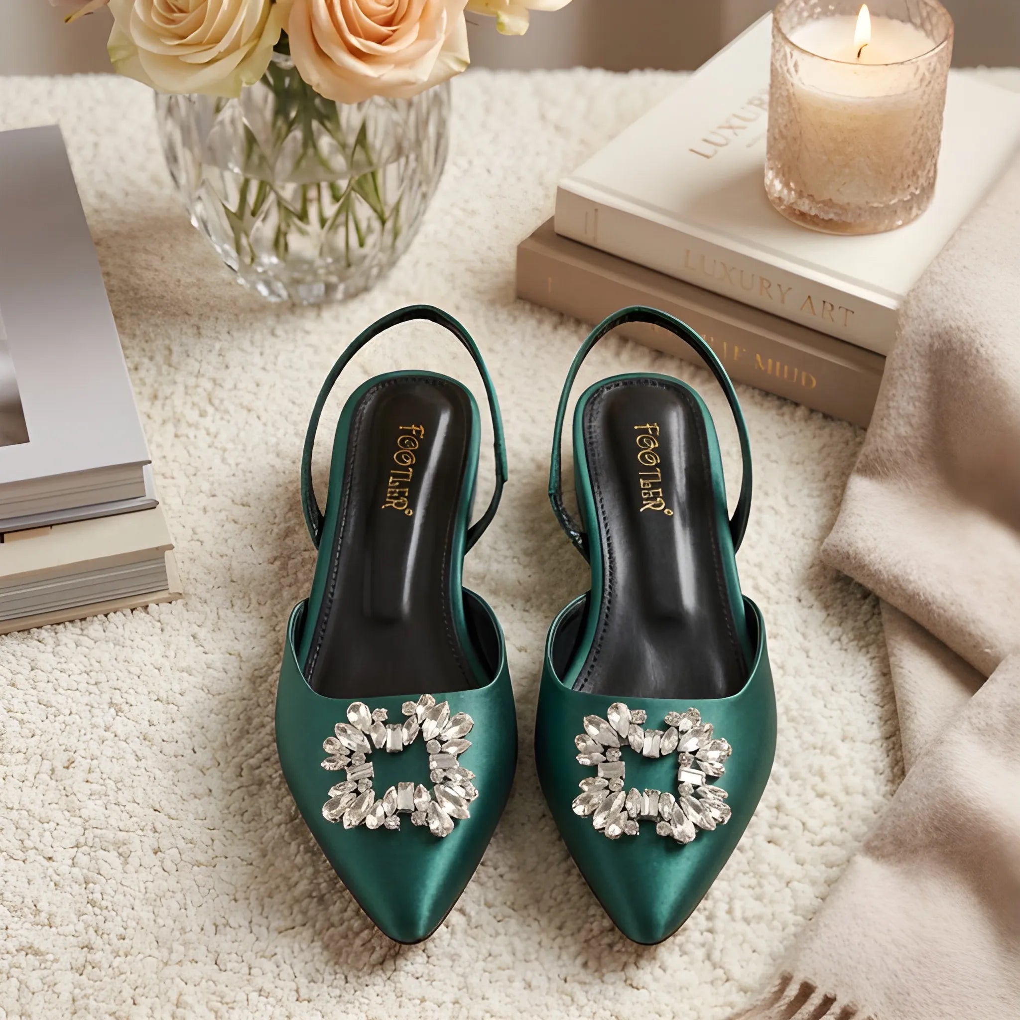 Crystal Broach Mules - Green