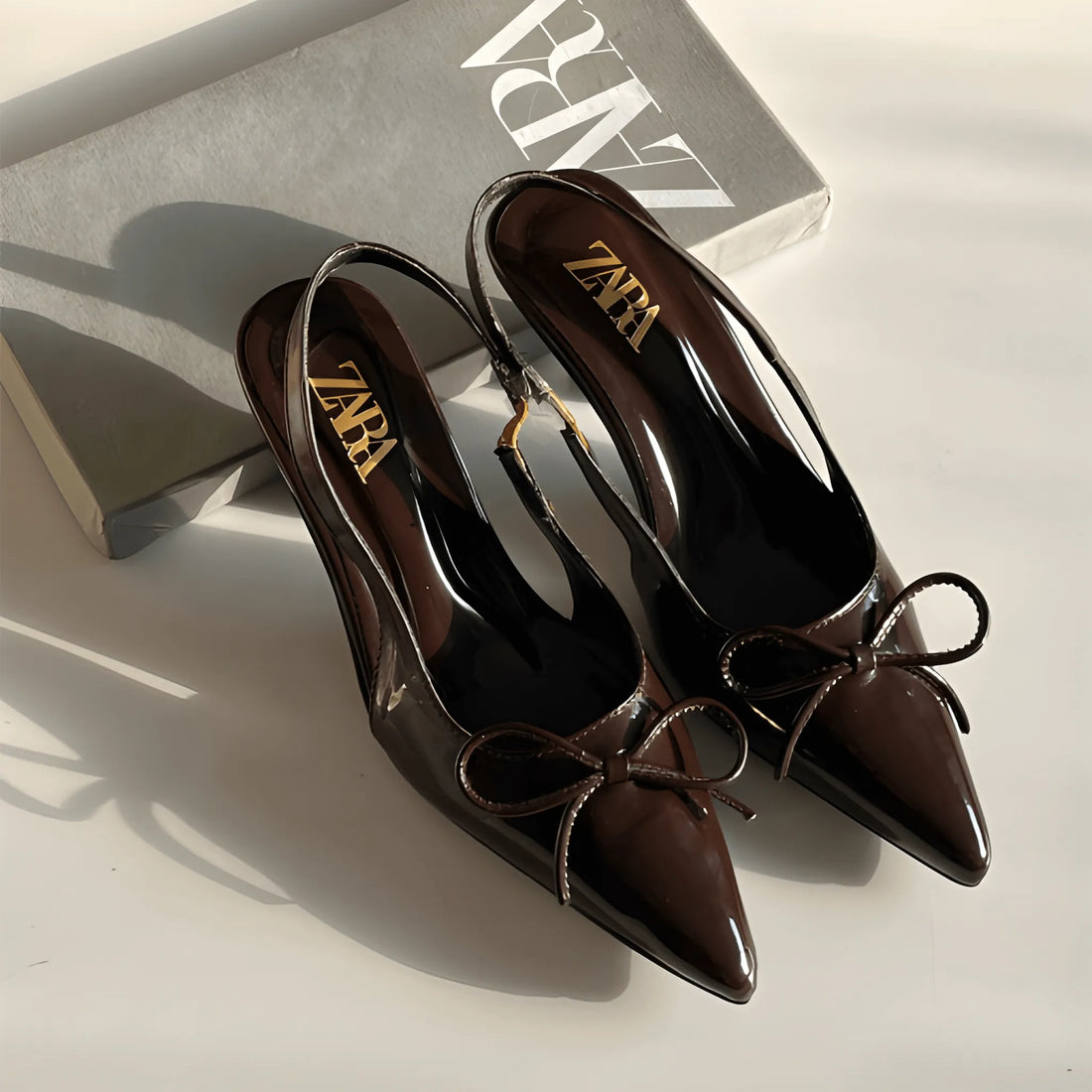 Elegant Patent Bow Heel - Brown