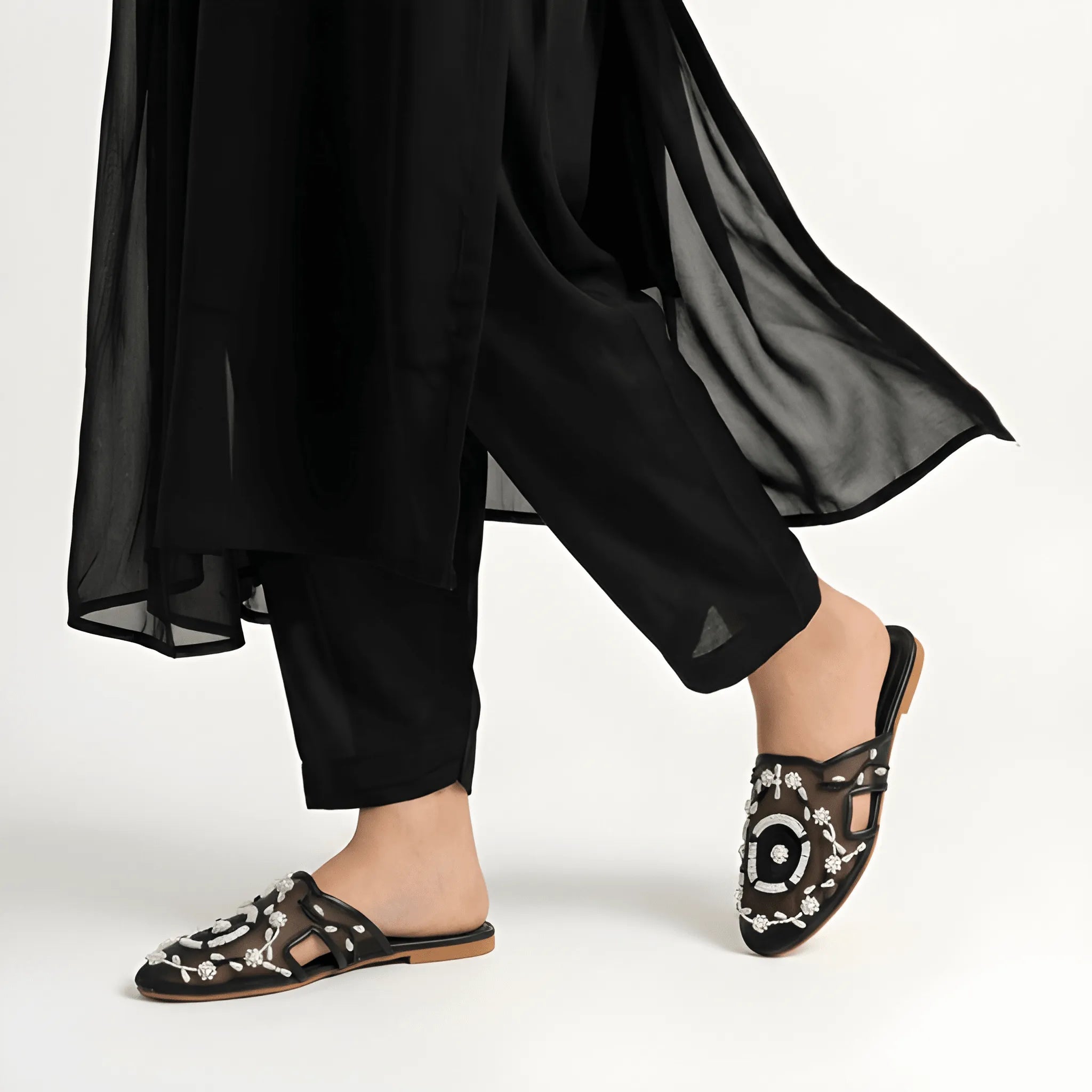 Embroidered Net Flat Pump - Black