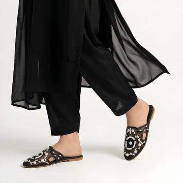 Embroidered Net Flat Pump - Black