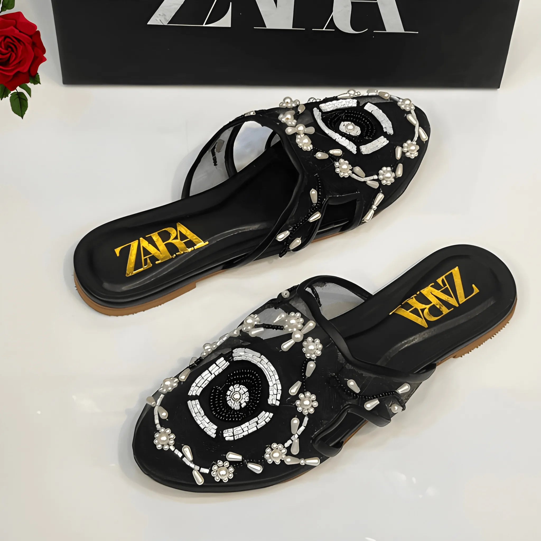 Embroidered Net Flat Pump - Black