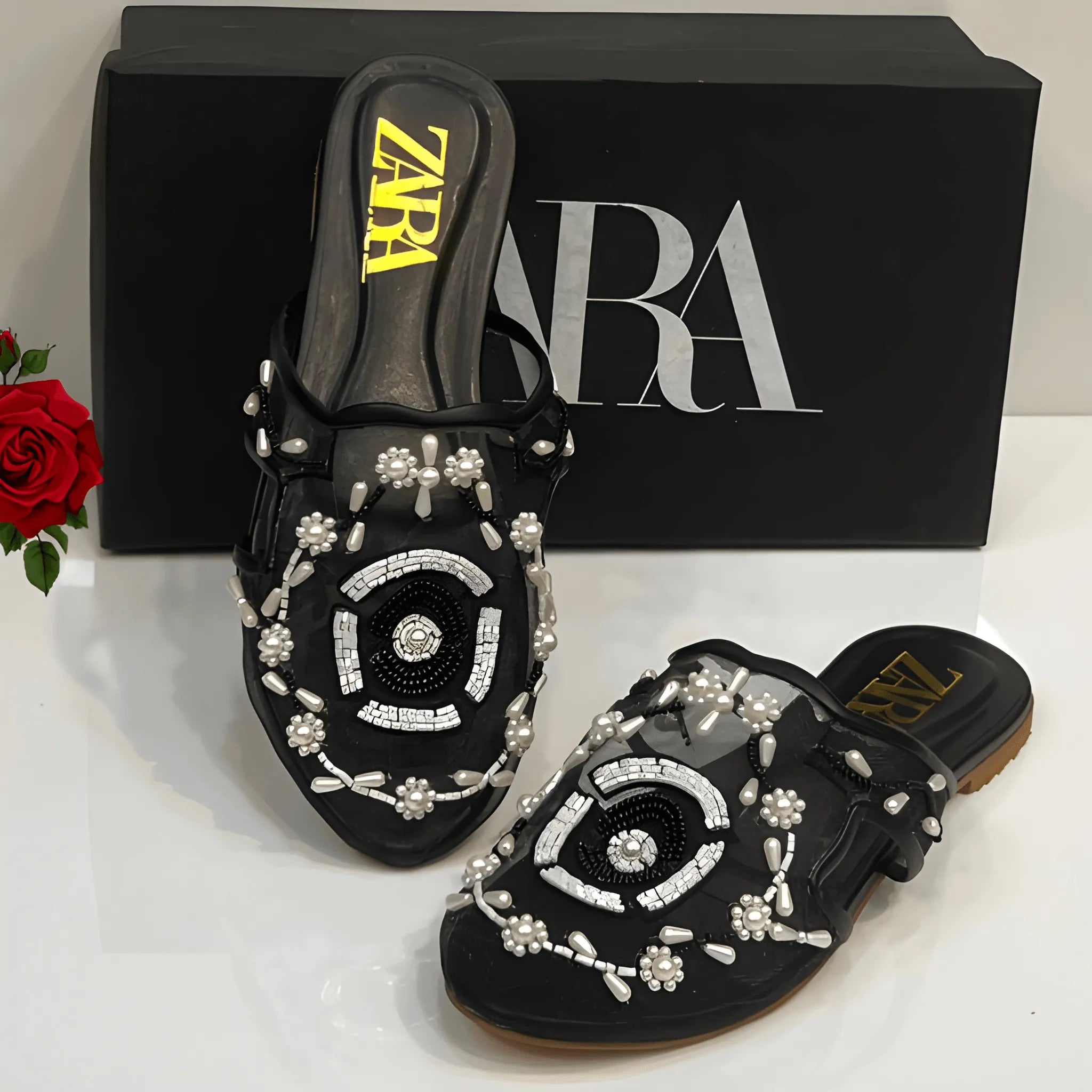 Embroidered Net Flat Pump - Black