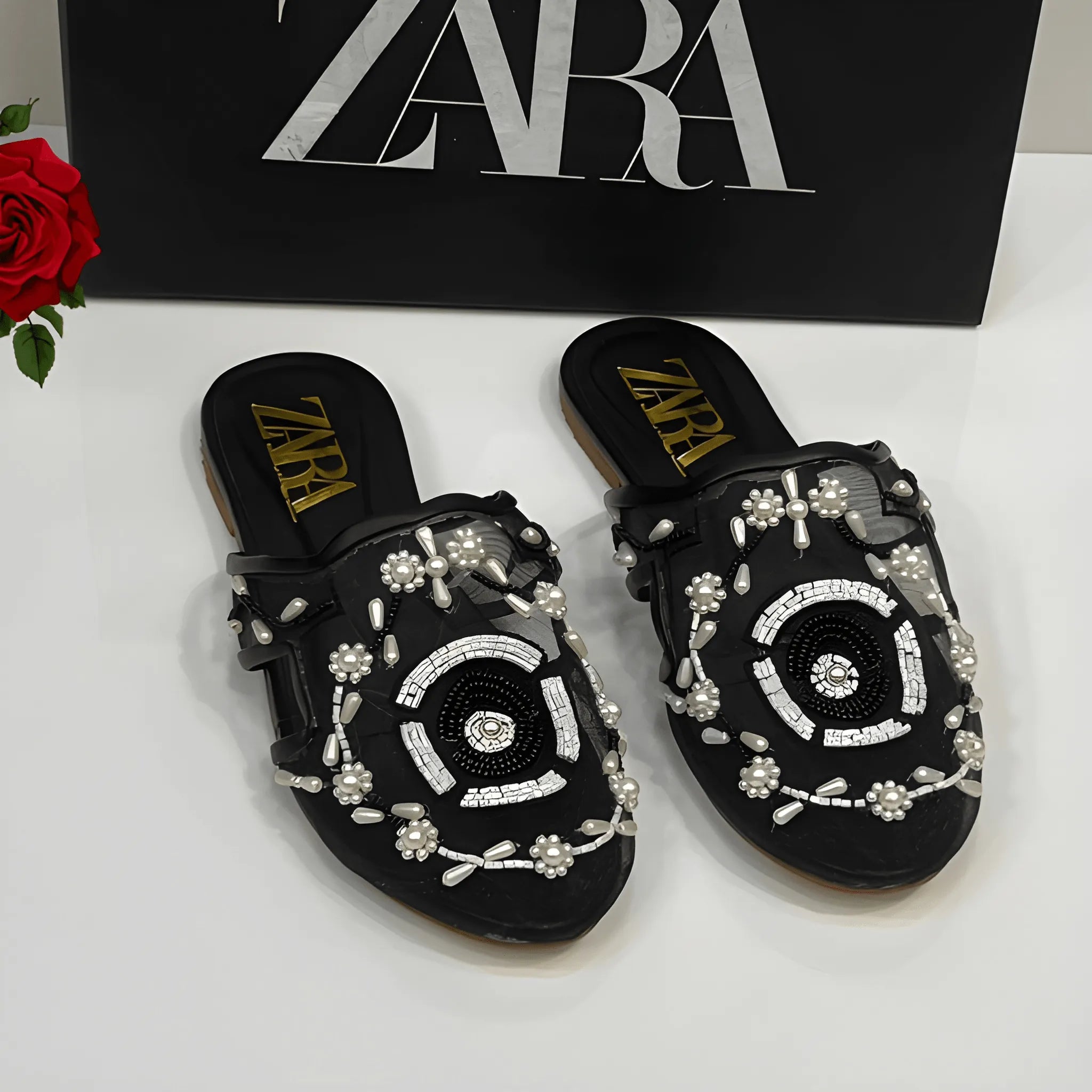 Embroidered Net Flat Pump - Black