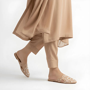 Embroidered Net Flat Pump - Fawn