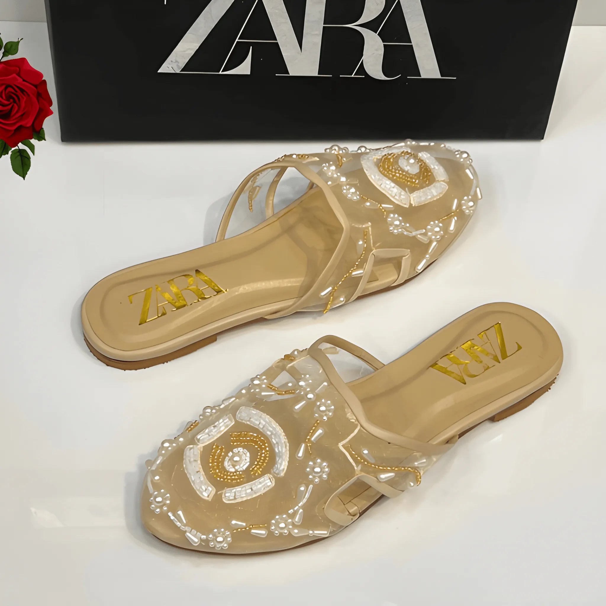 Embroidered Net Flat Pump - Fawn