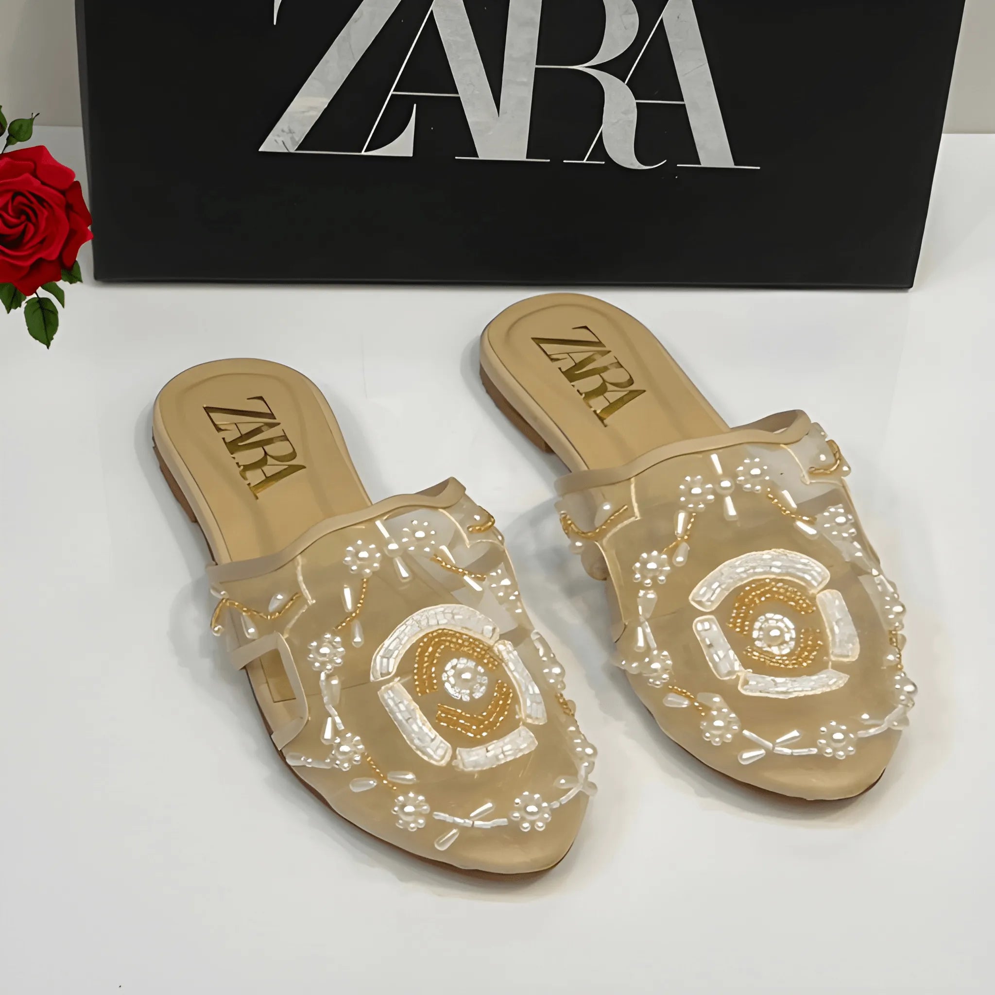 Embroidered Net Flat Pump - Fawn