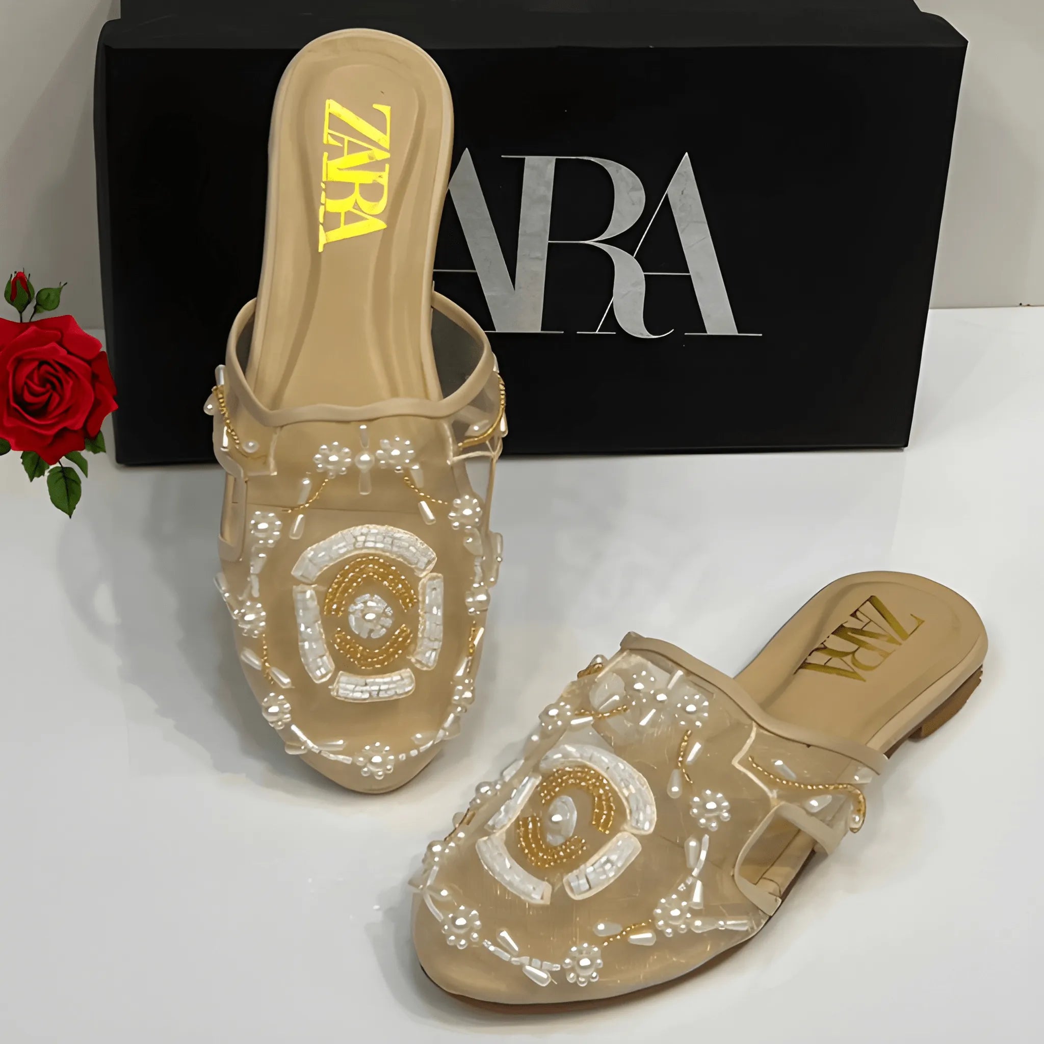 Embroidered Net Flat Pump - Fawn