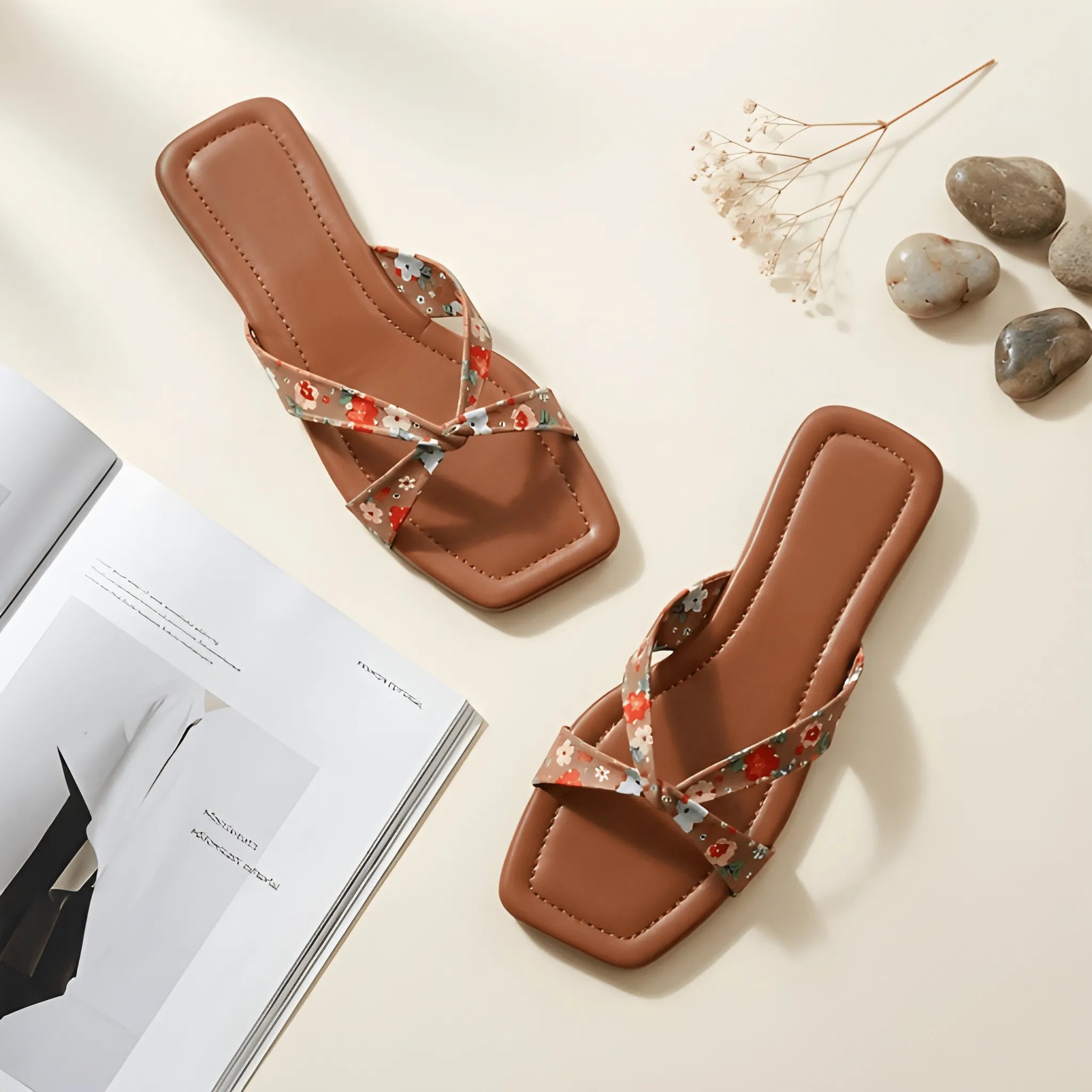 Floral Criss-Cross Slipper - Brown