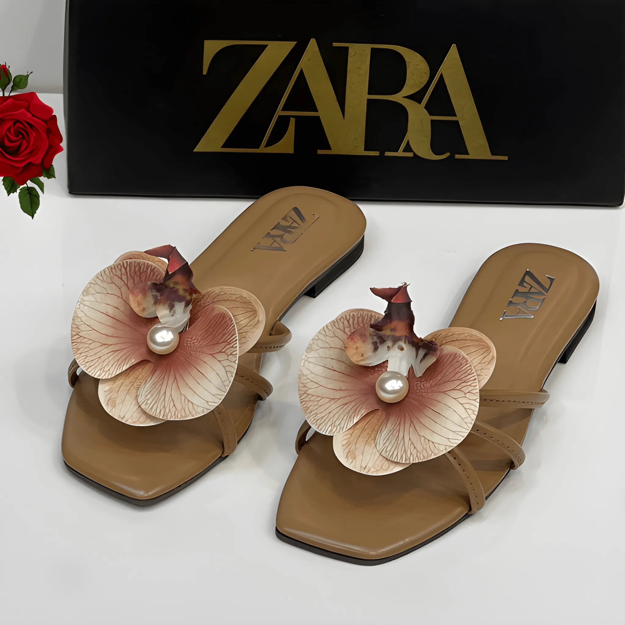 Flower Embellished Flat - Brown