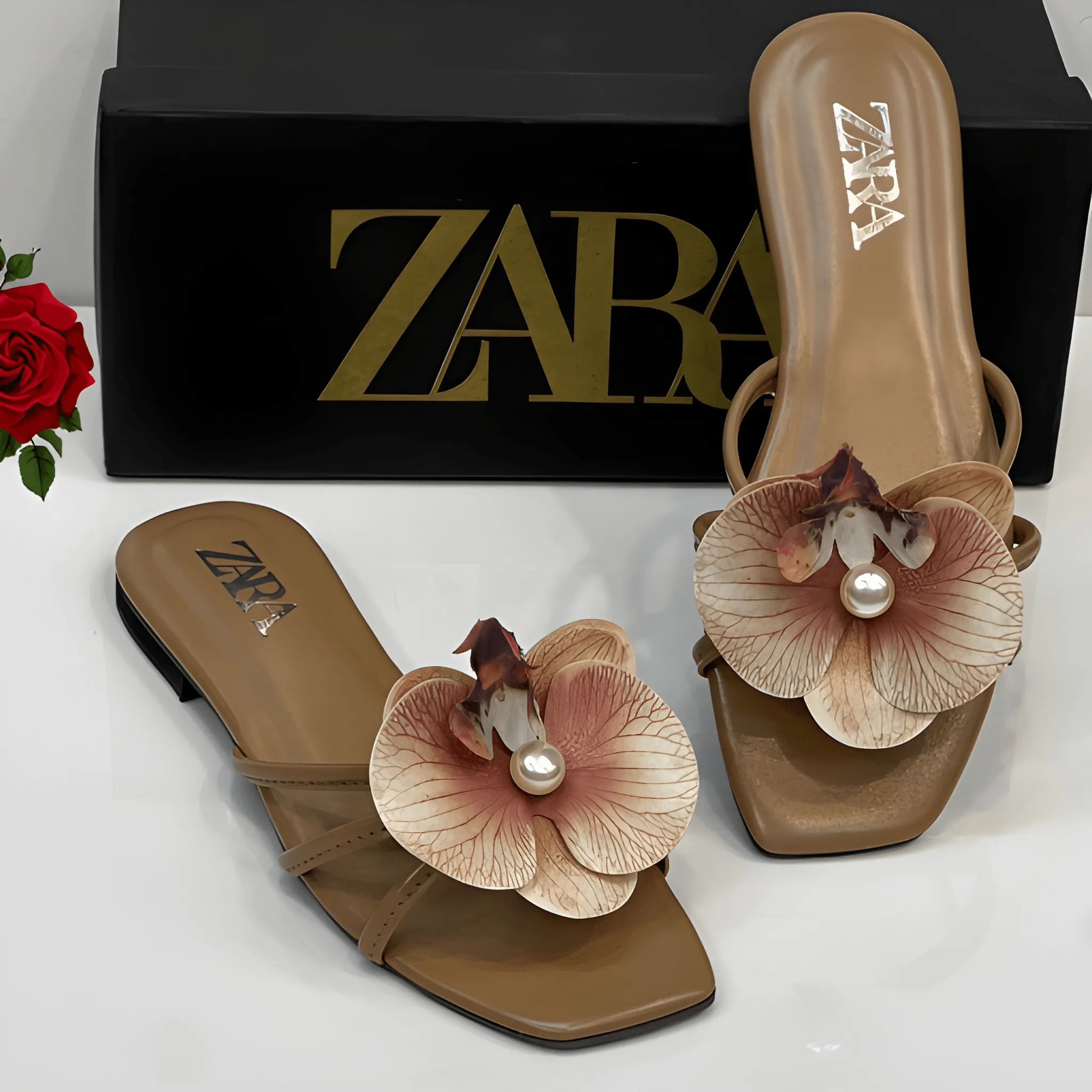 Flower Embellished Flat - Brown