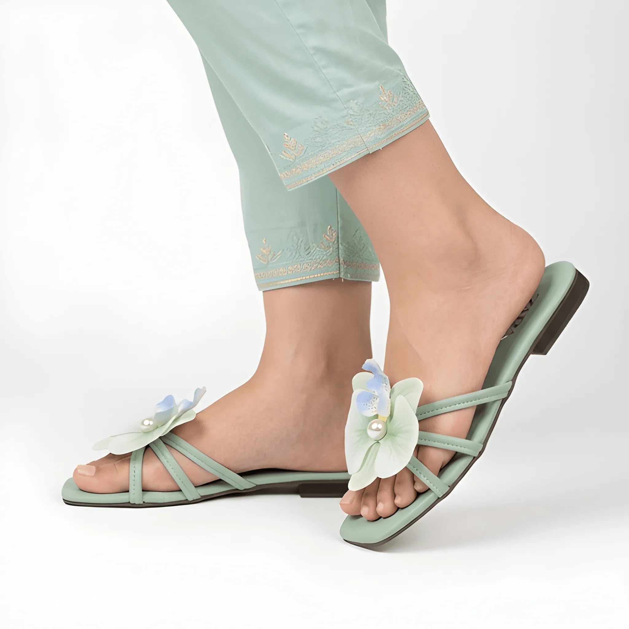 Flower Embellished Flat - Green