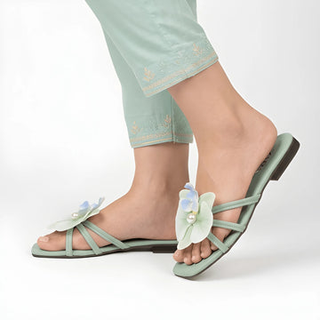 Flower Embellished Flat - Green