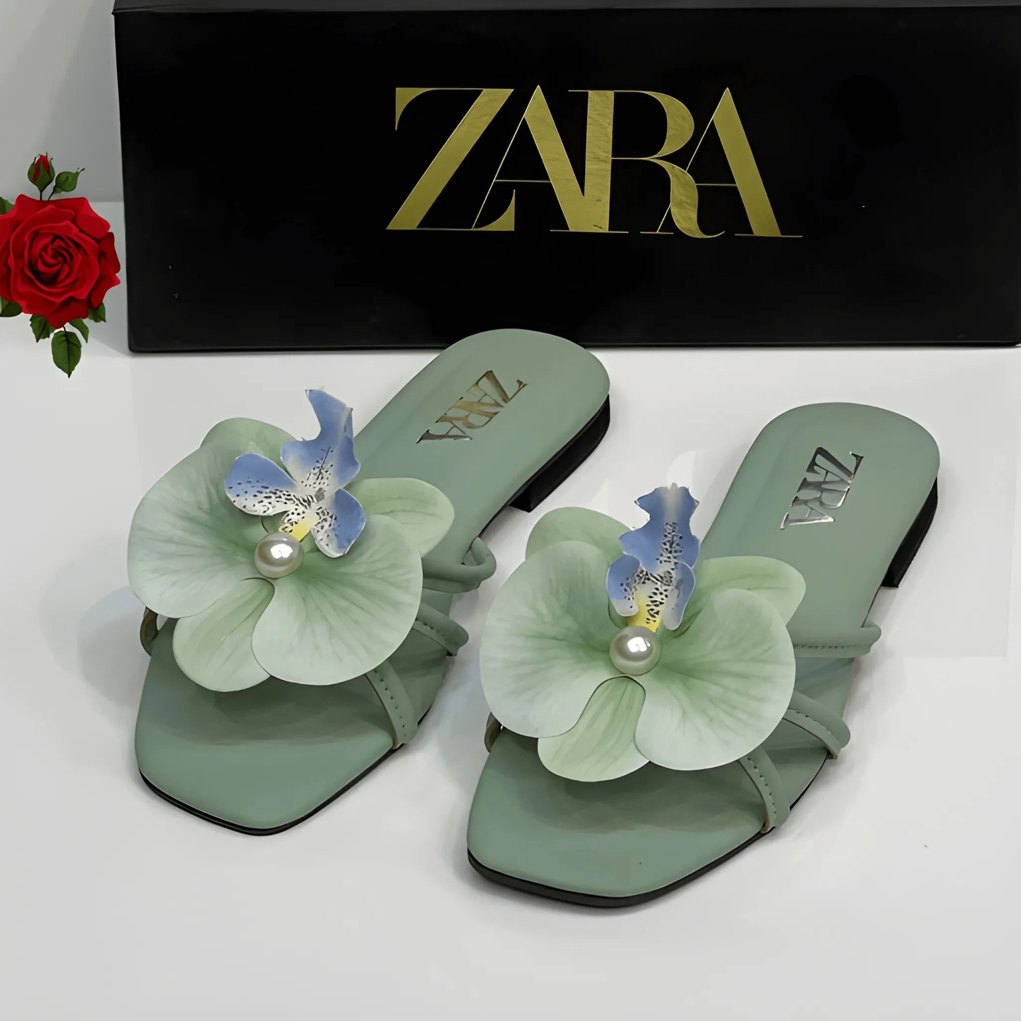Flower Embellished Flat - Green
