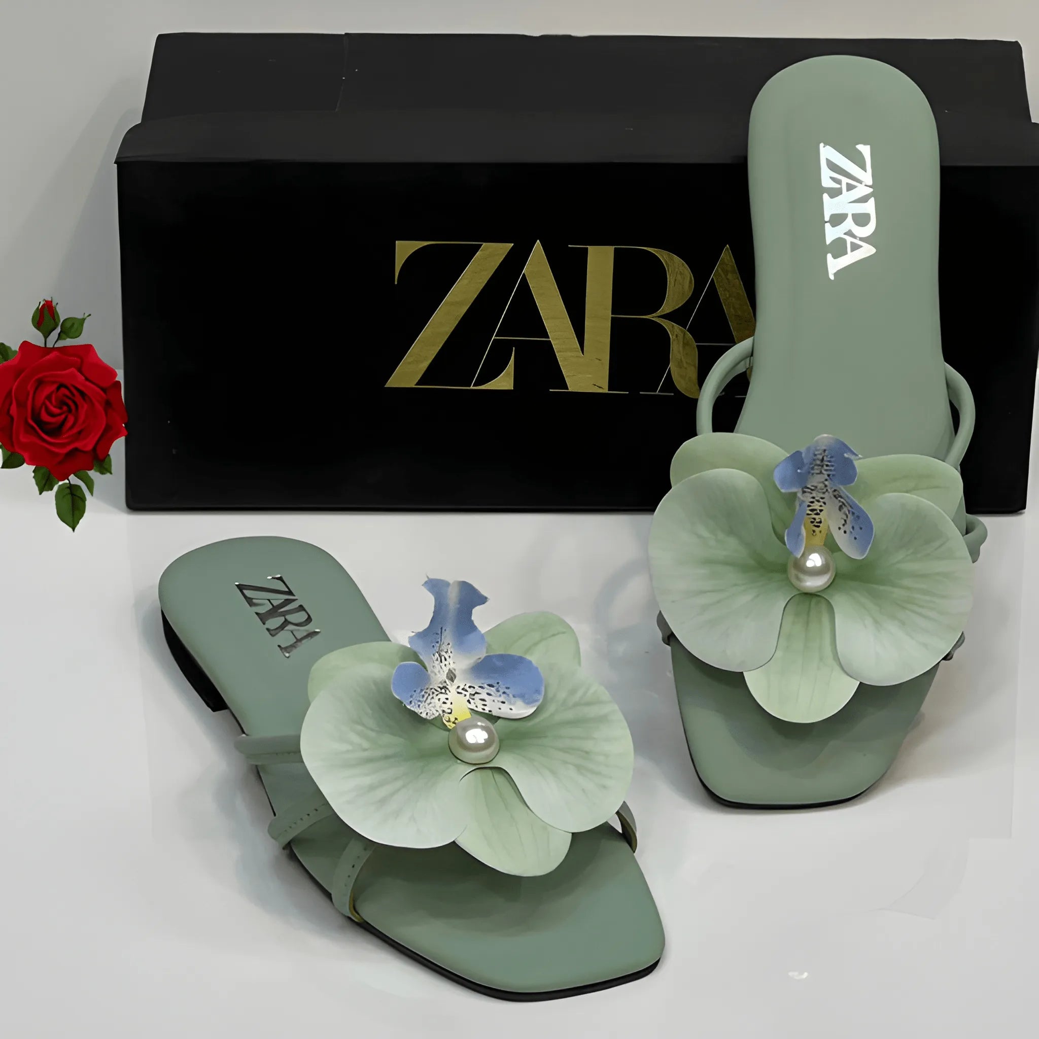 Flower Embellished Flat - Green