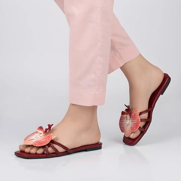 Flower Embellished Flat - Maroon