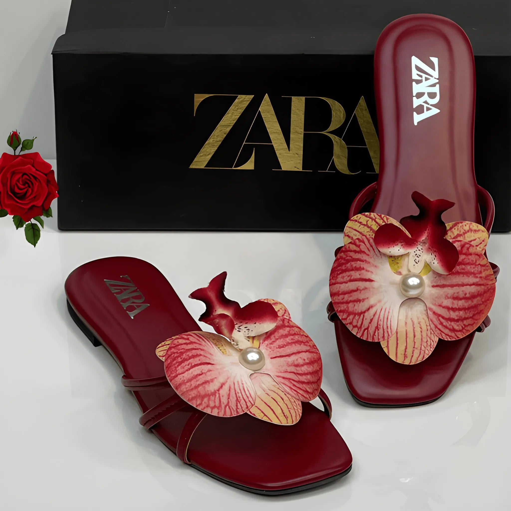 Flower Embellished Flat - Maroon
