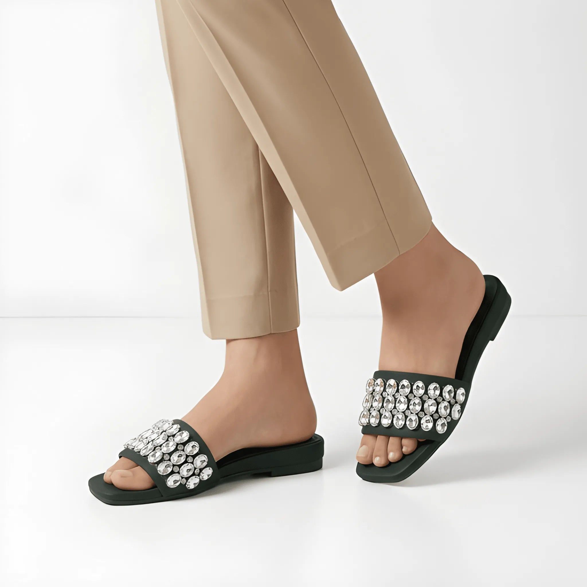Green Embellished Wide Strap Slipper
