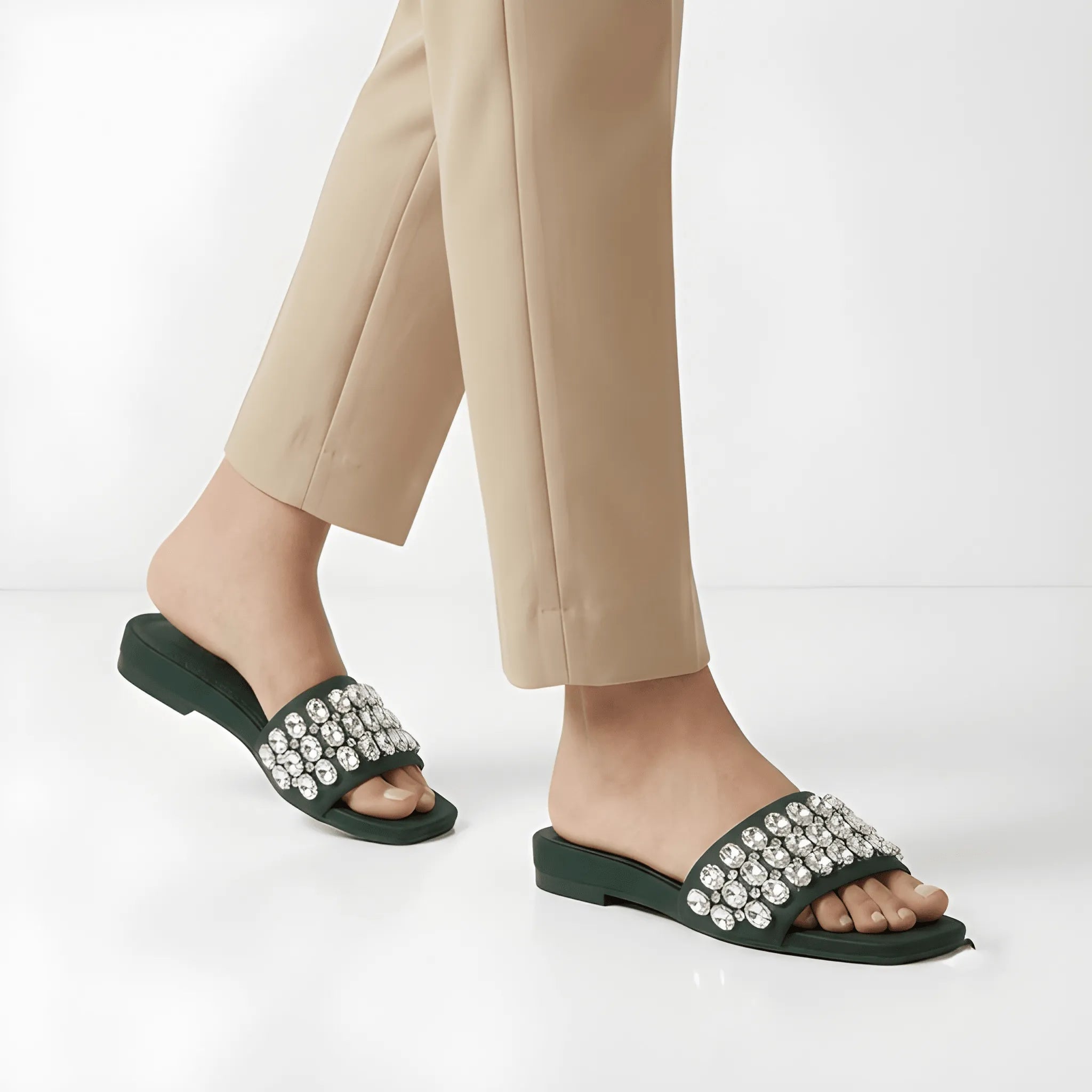 Green Embellished Wide Strap Slipper