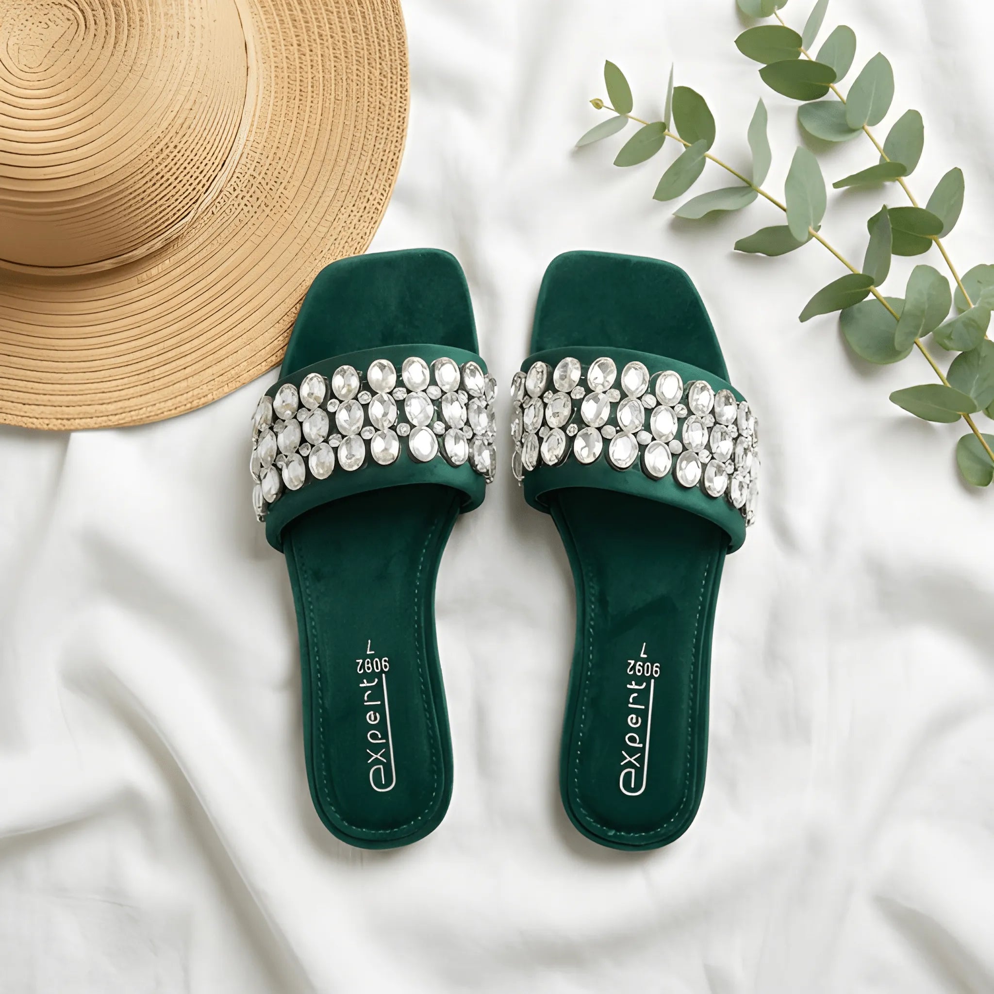 Green Embellished Wide Strap Slipper