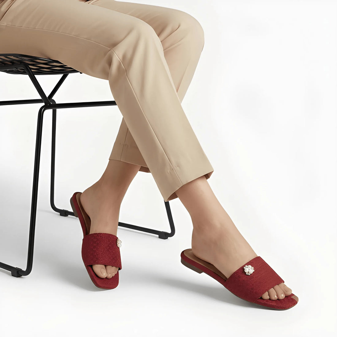 Maroon Beaded Floral Slipper