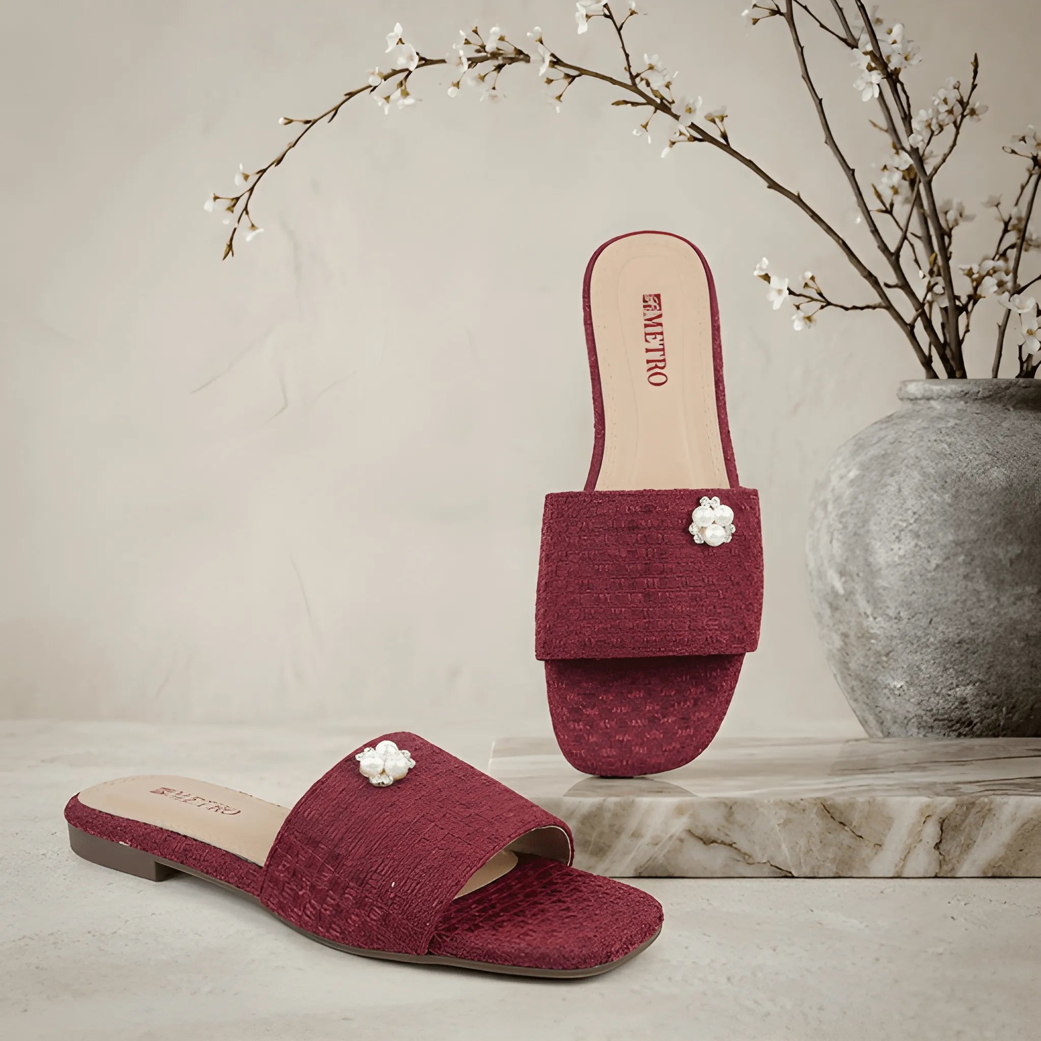 Maroon Beaded Floral Slipper