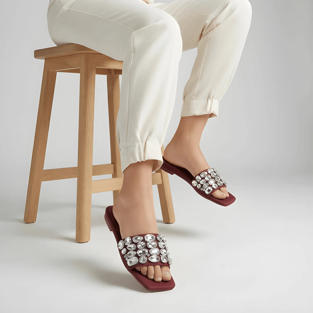Maroon Embellished Wide Strap Slipper