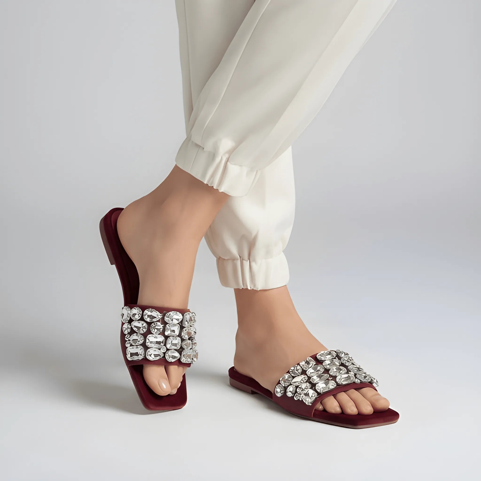 Maroon Embellished Wide Strap Slipper
