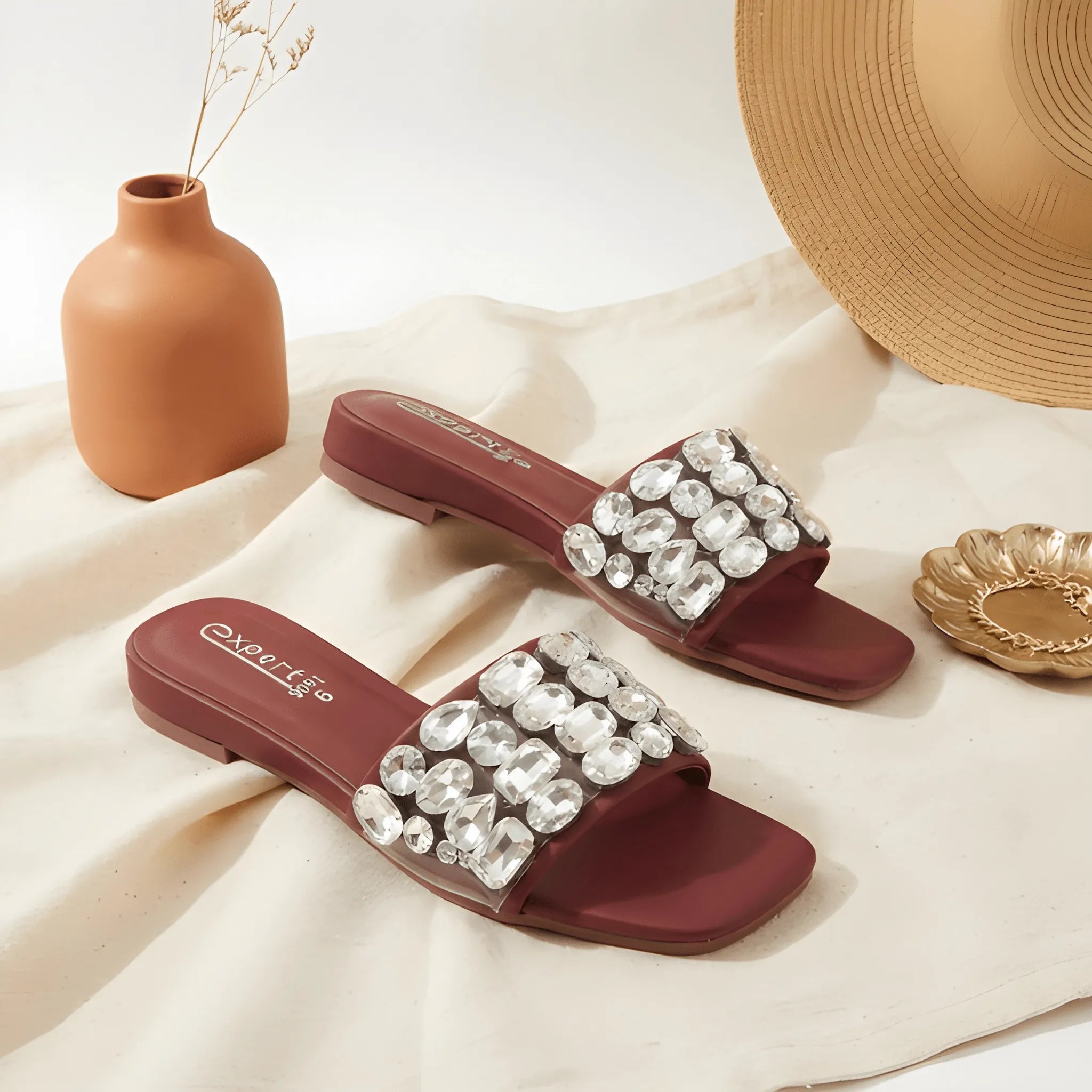 Maroon Embellished Wide Strap Slipper