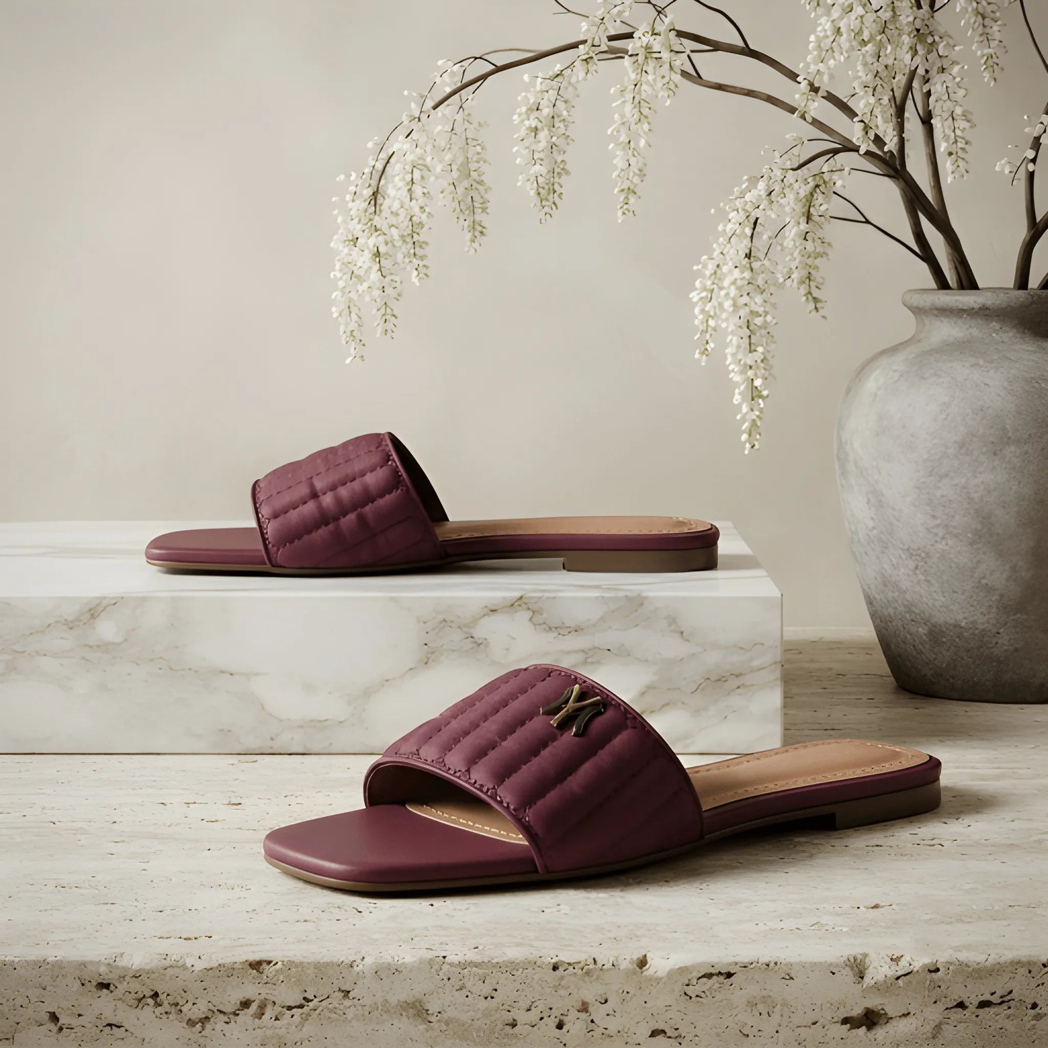 Maroon Quilted Strap Flat Slide