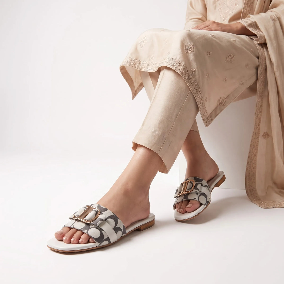 Monogram Charm Flat – White