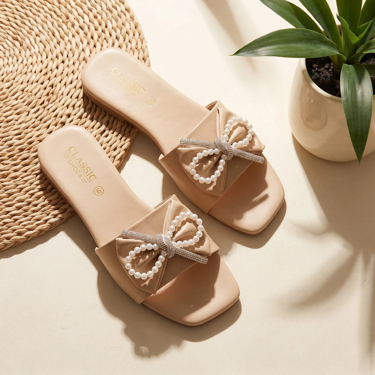 Pearl Accent Bow Slipper – Beige