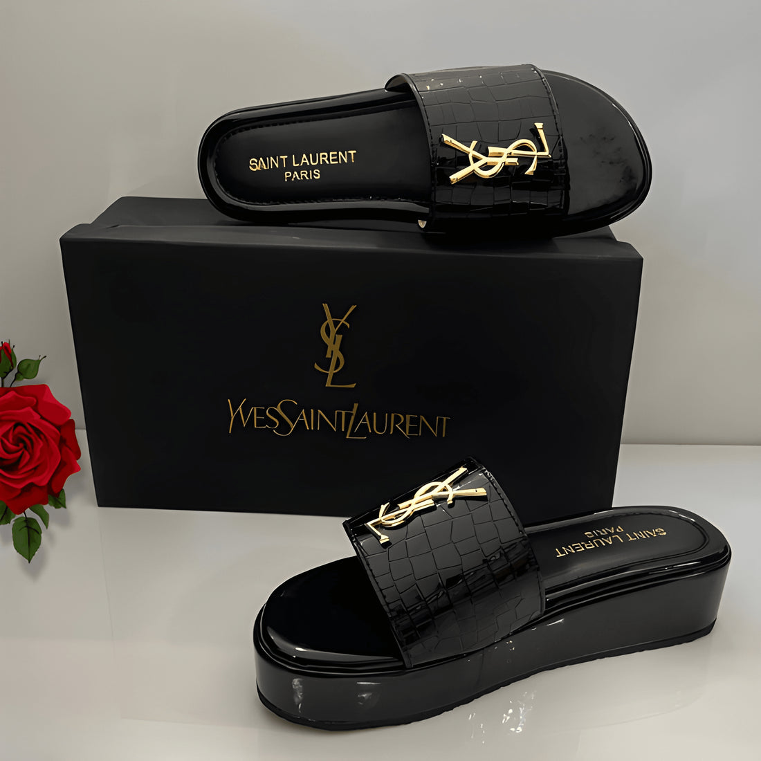 Premium Croc Pattern Flat Slipper - Black