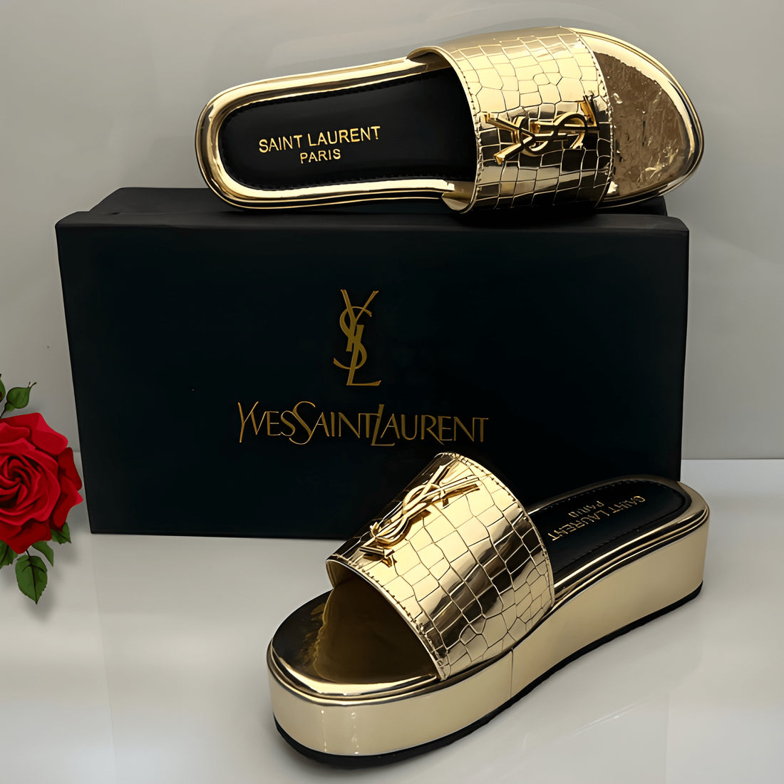 Premium Croc Pattern Flat Slipper - Gold